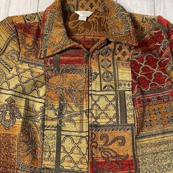 CJ Banks Tapestry Full Zip Burgundy Red Orange Brown Cream Floral Swirl Blazer - Picture 3 of 16